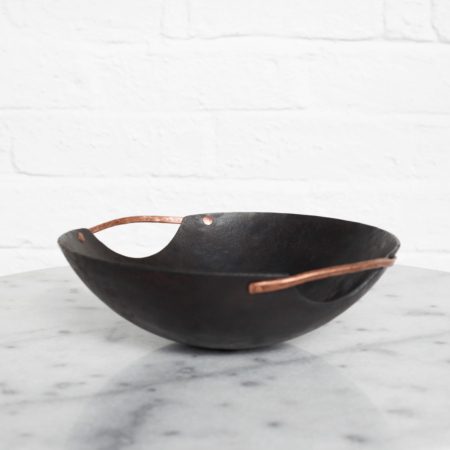 steel bowl with copper riveted handles