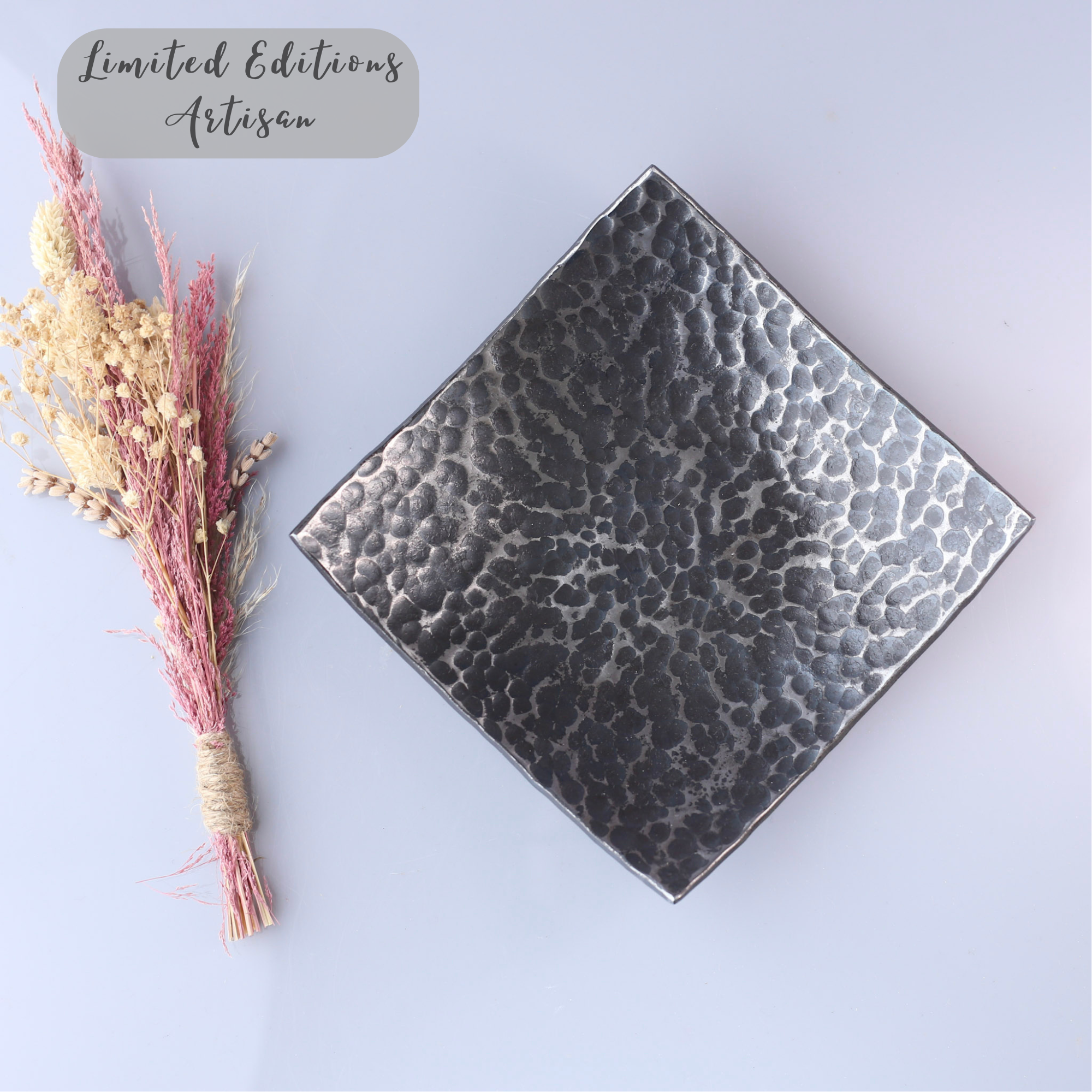 Hammered Dot Iron Dish – Curved Square Design