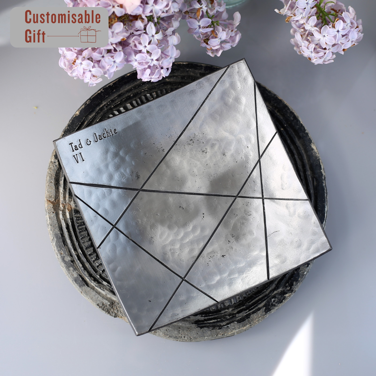 Personalised Large Polished Square Geometric Iron Dish