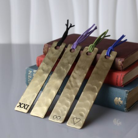 21st Anniversary Brass Bookmark. Lightly Hammered texture. Available in a choice of hand stamped designs. Choice of faux suede tassel