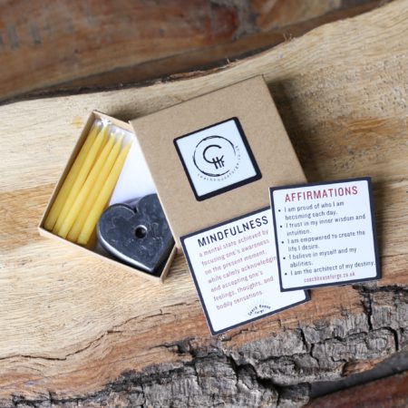 Mindful Living Meditation Set: Iron 'Heart Pebble' Candle Holder & Beeswax Meditation Candles.